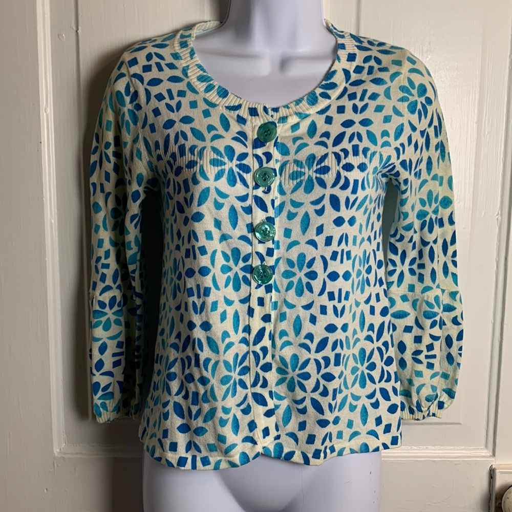 Charlotte Teal and White Button Up Cardigan Sweater Size S